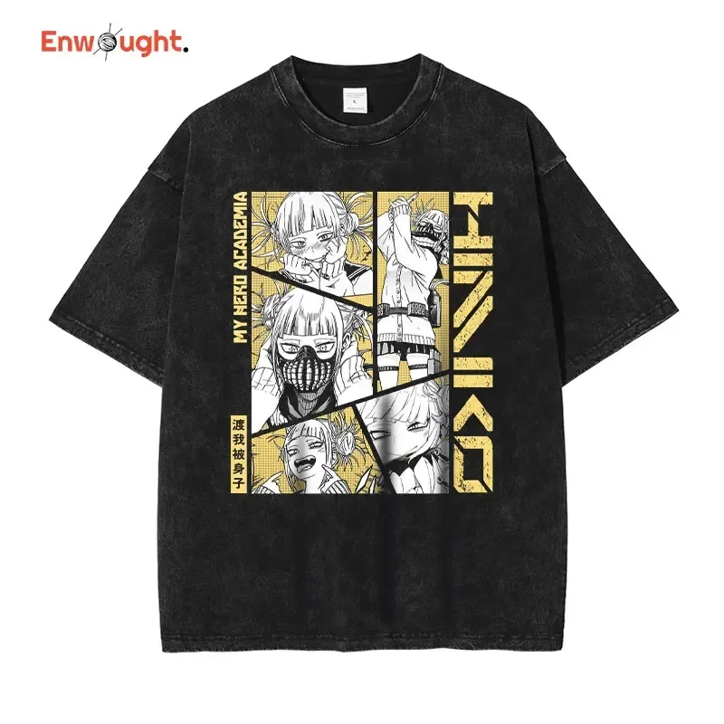 Anime My Hero T-shirt Himiko Toga Vintage Washed T Shirts Oversized Harajuku Manga Boku No Hero Academia Izuku Top Tees Cotton