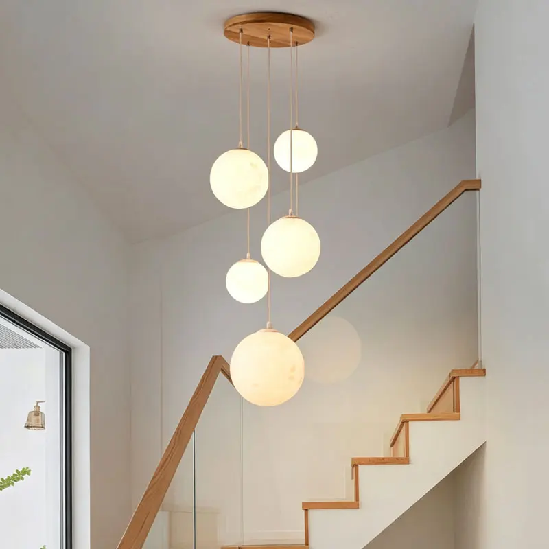 Middle Ancient Style Nordic Staircase Lamp Villa Dining Room Living Room Staircase Solid Wood Pendant Lamp Loft Hanging Lamp