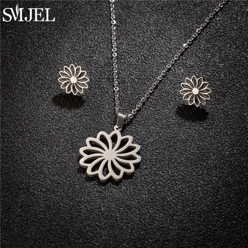 Stainless Steel Soccer Jewelry Sets for Men Bohemia Daisy Sakura Lily Flower Necklaces Tiny Music Earrings Women Pendientes