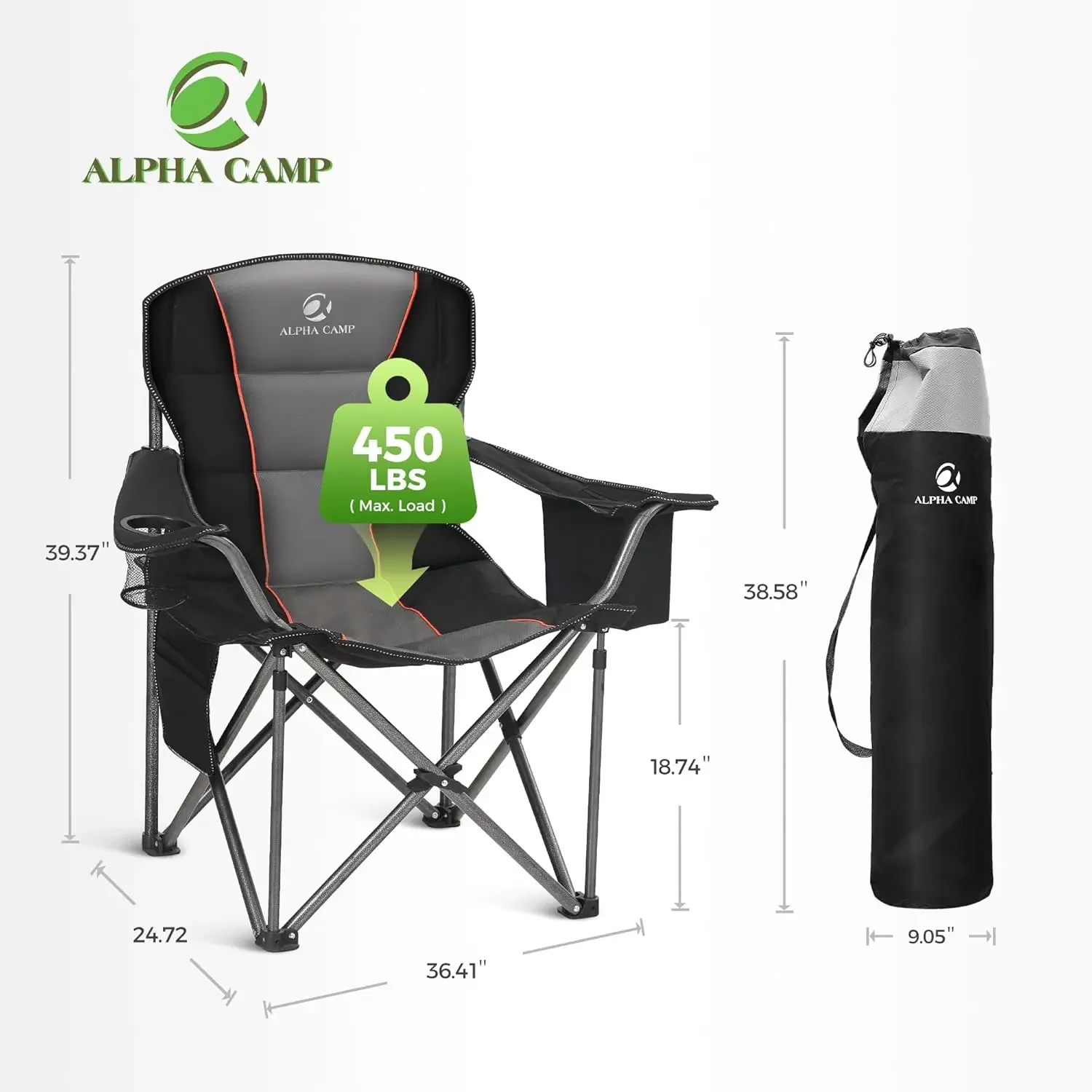 Oversized Camping Folding Chair, Heavy Duty Support 450 LBS Steel Frame Collapsible Padded Arm Chair with Cup Holder