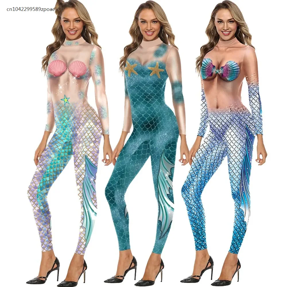 3 Farben Meerjungfrau Cosplay Kostüm Overalls Frauen bunte Druck Party Kleidung Mode Cat suits dünne sexy Overall