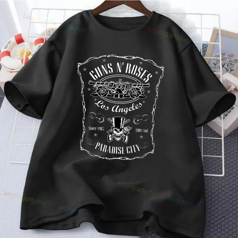 Funny-Guns N' Roses-Rock Band Graphic Printed T Shirt Customized Cotton Hip Hop Streetwear Harajuku Casual Men Clothes Women Top