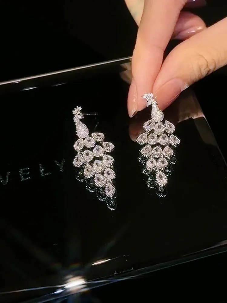 New Fashion Shiny Zirconia Peacock Drop Long Hanging Earrings for Women Charm Holiday Beach Earrings Wedding Party Jewelry Gifts