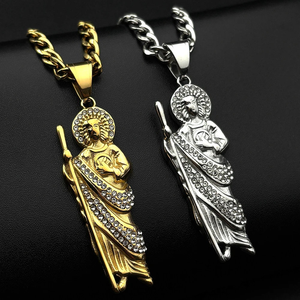 San Judas Tadeo Strass Anhänger Halskette für Frauen Männer Edelstahl Kette Saint Jude Thaddeus Amulett Schmuck Party Geschenk