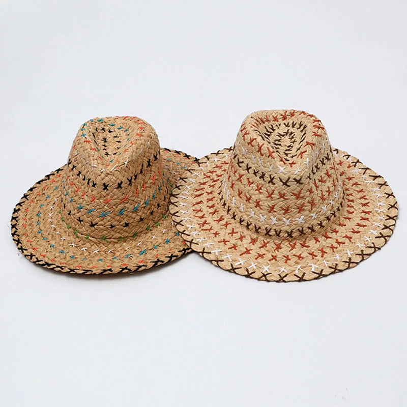 2026 Handwoven Raffia Straw Hat Women Summer Sun Protection Hand Stitched Jazz-Style Denim Hat Color-Blocked Beach Cap Vacation