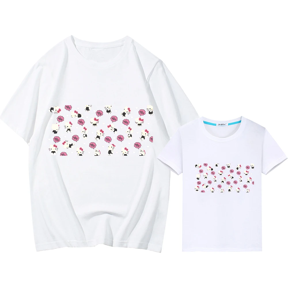 

hello kitty Print 100%Cotton boys girls T-shirt family matching outfits Men women Anime Short y2k mommy daughter matching clothe