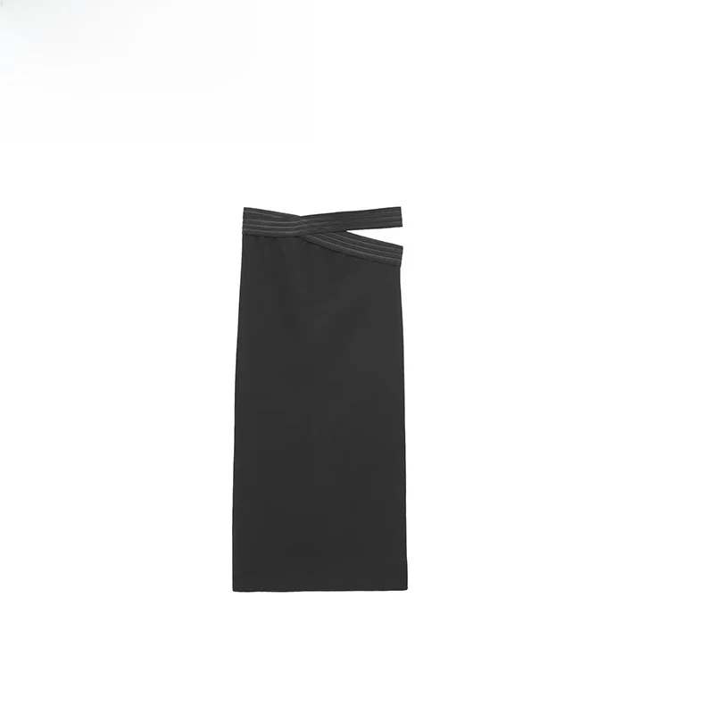 

ZBZA Spring New Women's Faion Design Elastic Opening Skirt Stand Straight Cut mid Waist Midi Pure Color Polyester Fiber