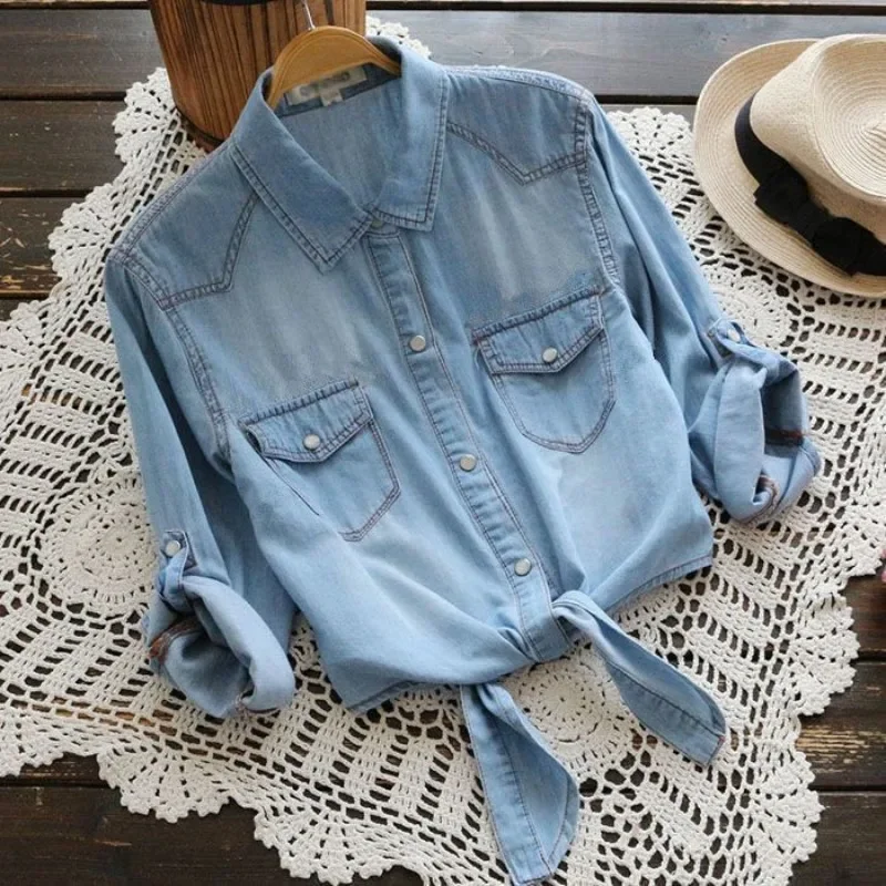

Summer Thin Denim Short Jackets Waist Straps Lace Up Slim Button Up Shirts Coats French Style Casual Women Elegant Pockets Tops