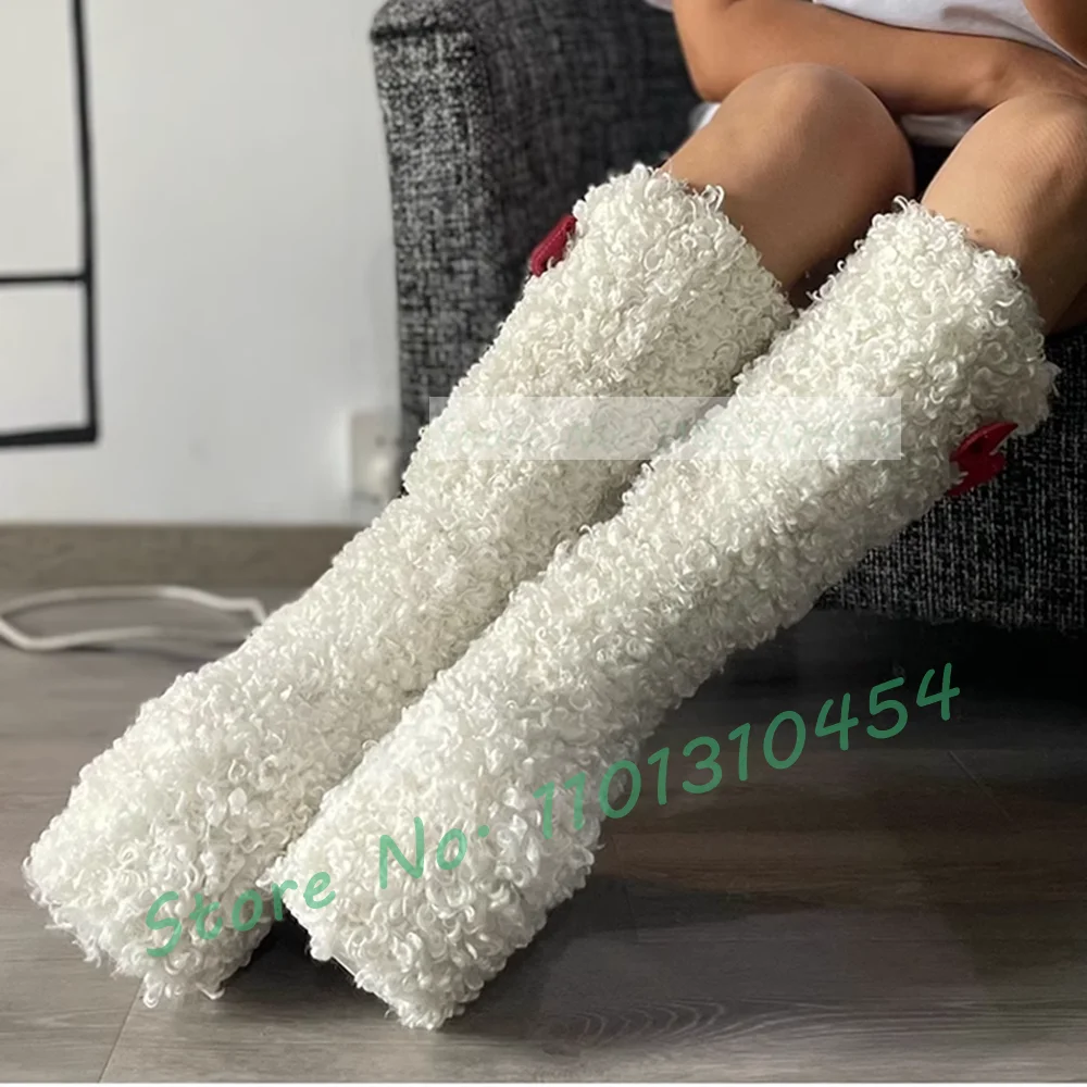 White Platform Wool Knee High Boots With Bowknot Decal Women Lovely Warm Furry Snow Boots Women Outfit Slouchy Side-zipper Shoes