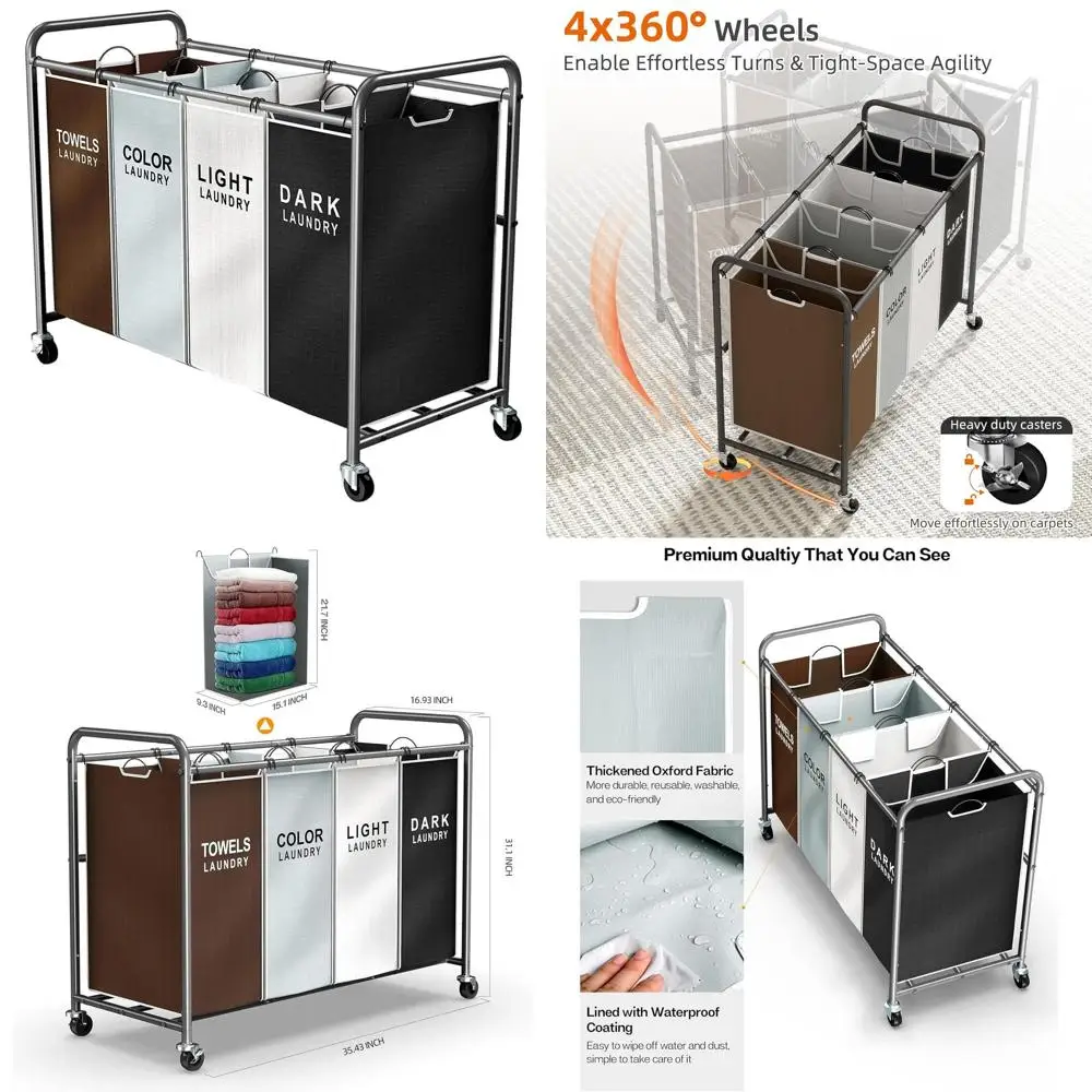 

4-Section Rolling Laundry Sorter Cart with Lockable Wheels and Removable Bags for 172L Capacity in Multicolor