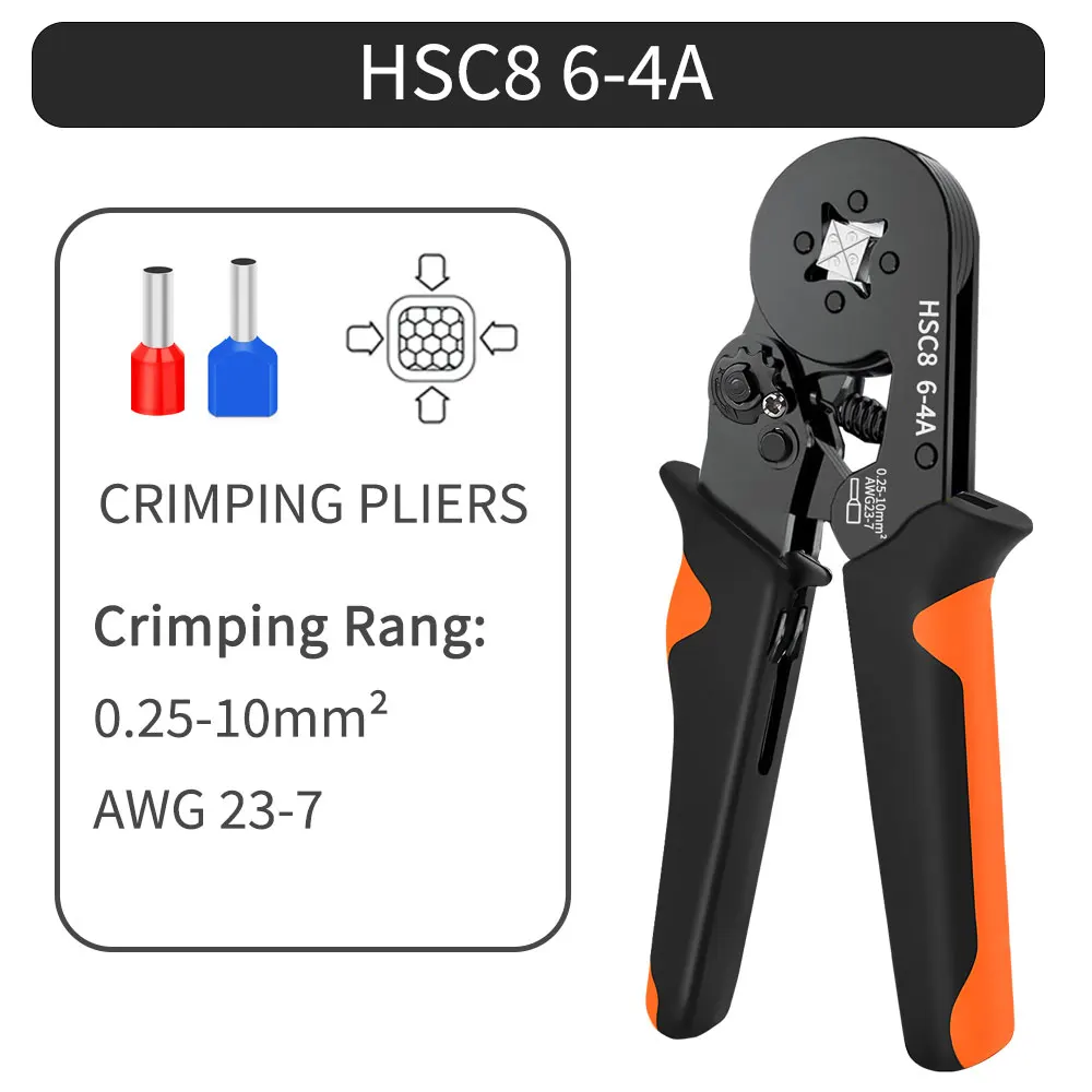 Zeshoekige zelfverstelbare ratelhuls krimpgereedschapsset 23-7AWG 0,25-10 mm2 crimperkit met ferrulehoezen draadterminals