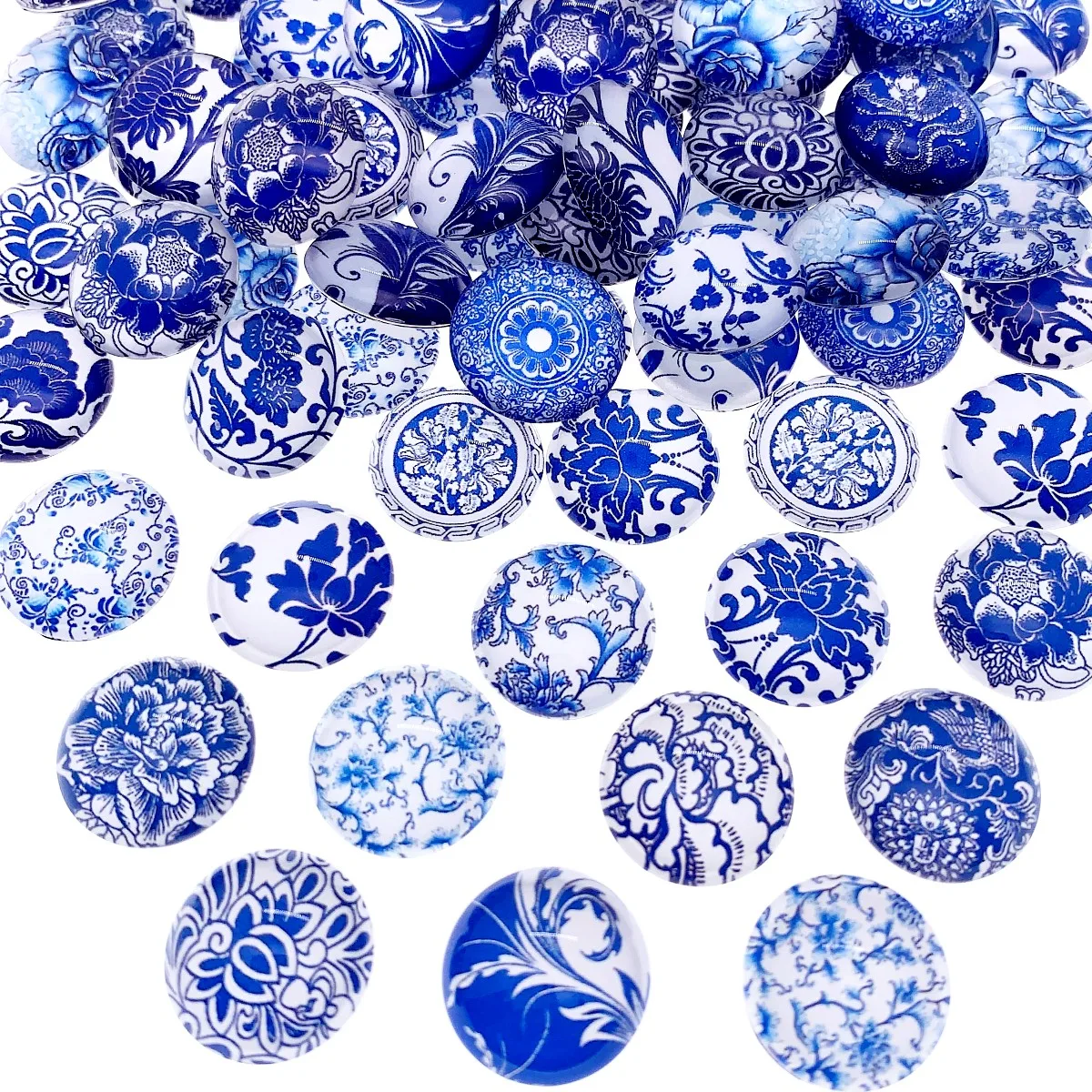 8 10 12 14 16 18 20 25 30mm Random Mixed Style Blue and white Porcelain Round Glass Cabochon Flatback Photo Base k04146