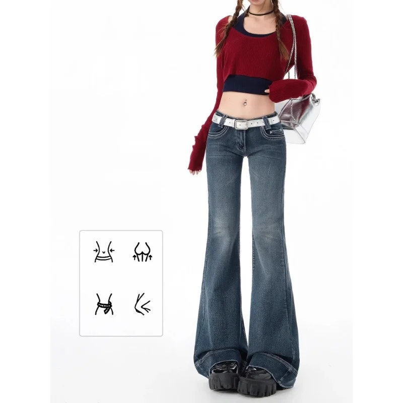 سراويل جينز كلاسيكية للفتيات المثيرة على الطراز الأمريكي منخفضة الخصر مضيئة جينز نسائي ضيق ومطاط Y2K جينز غير رسمي واسع الساق