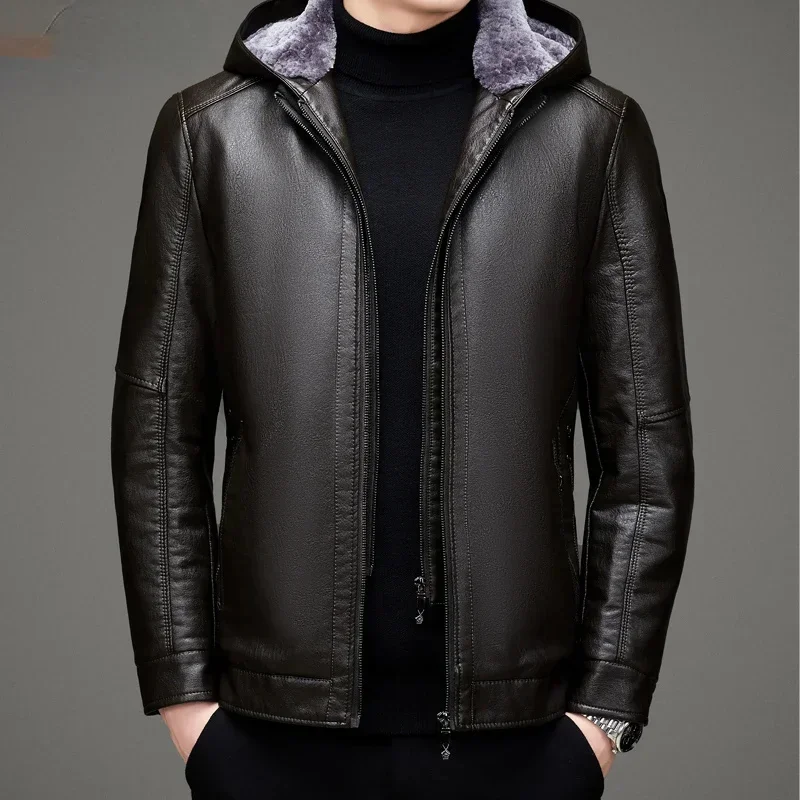 Hooded Genuine Leather Jacket Men Fall Winter Plush Motocycle Jackets Man Clothing Windproof Casual Split Coat Overcoat