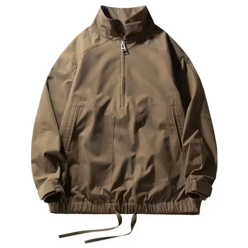 

2025 Spring Autumn New Fashion Vintage Men's Solid Color Casual Trendy Loose Stand Collar Cargo Jacket Male Clothes Tops Coats