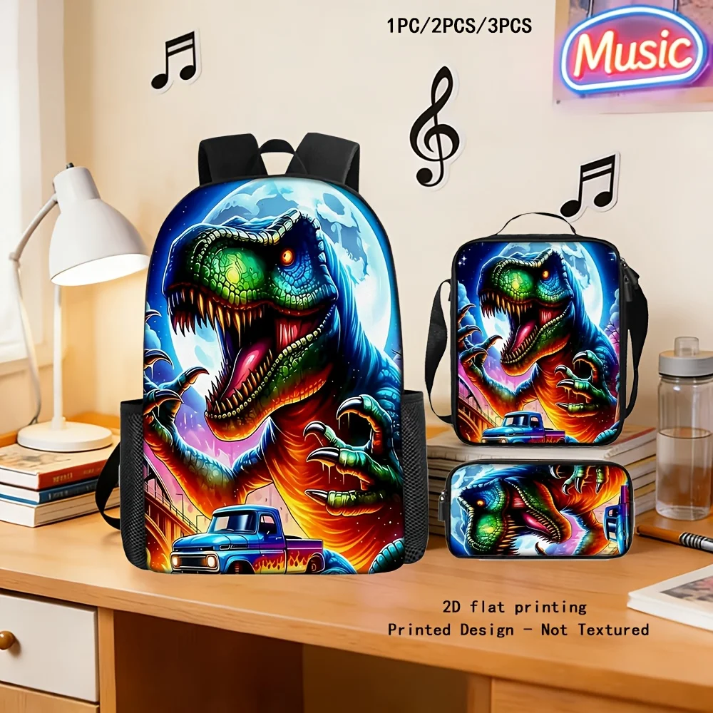 1pc/2pcs/3pcs Dinosaur Adventure Backpack,Dark Night Tyrannosaurus Rex Frenzy Theme,Perfect for School or Outings