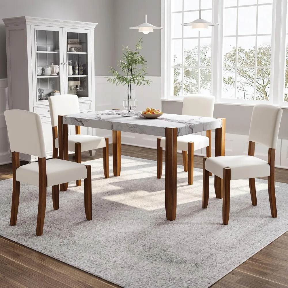 Modern 5 Piece Dining Table Set for 4,Faux Marble Style Kitchen Table Set with One Rectangle Table and 4 Dining Chairs for