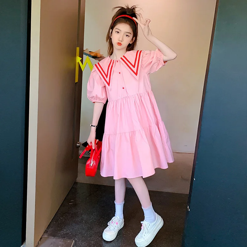 Teens Girls Summer Dress Children Casual Sweet Turn-down Collar Gown Kids Pink Short Sleeves Vestidos New Princess Loose Dresses