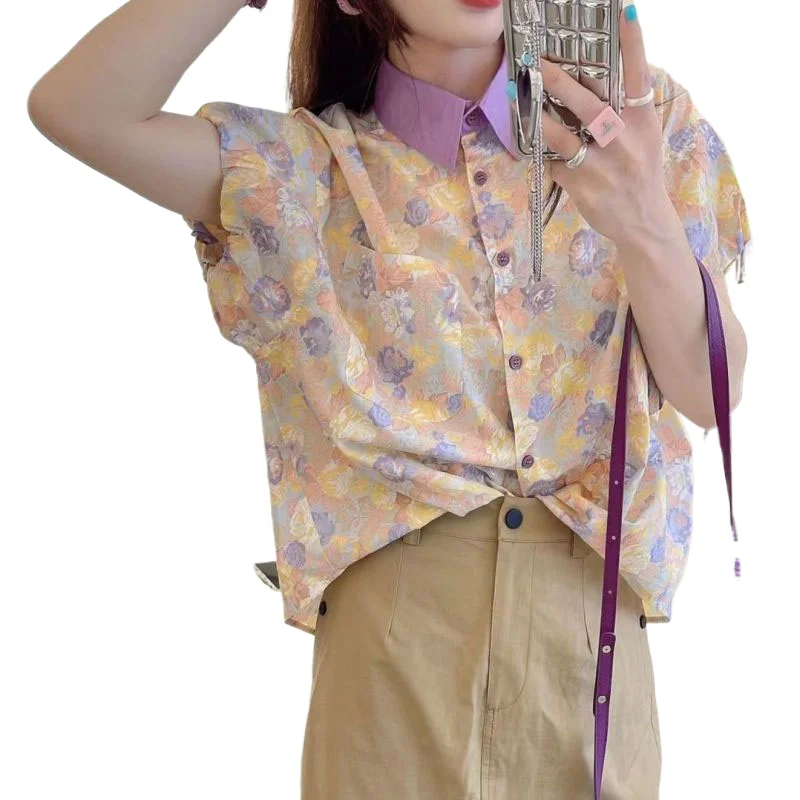 

Summer New Women's Shirt Spliced Color Polo-Neck Button Printed Fashion All-match Loose Preppy Style Puff Sleeve Shirt Tops