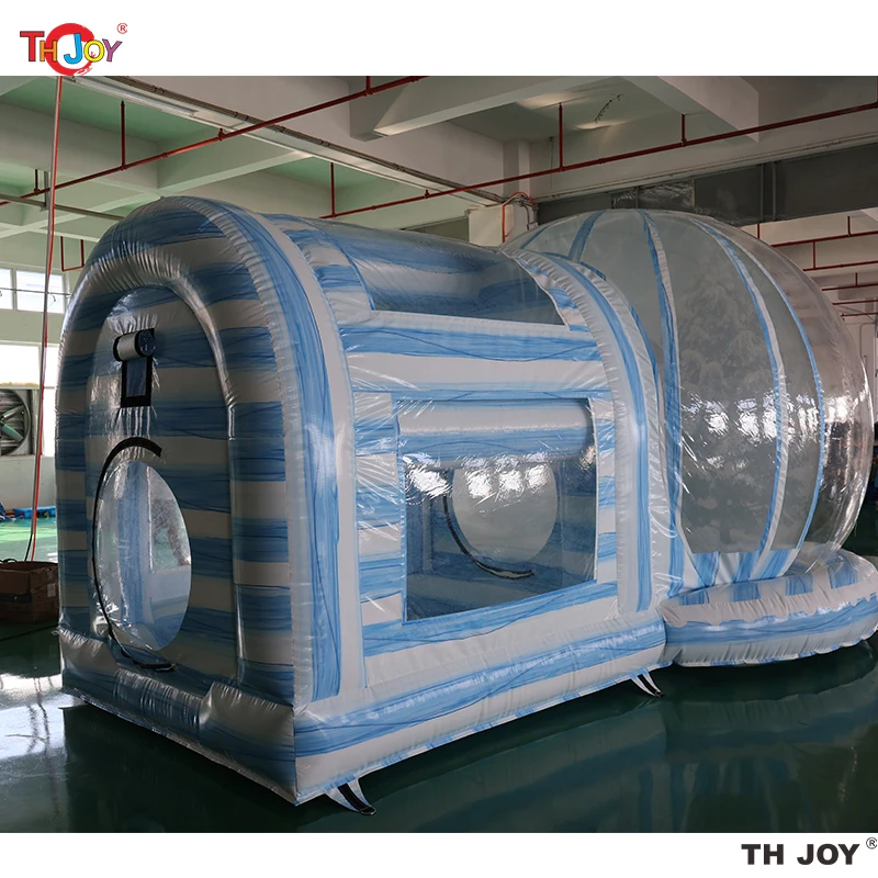 2026 Novo design globo de neve inflável cabine de foto transparente barraca de cúpula de casa de bolha humana com túnel