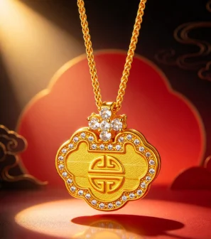 Point drill Ruyi Fu word lock pendant female style retro all match necklace pendant 9999gold