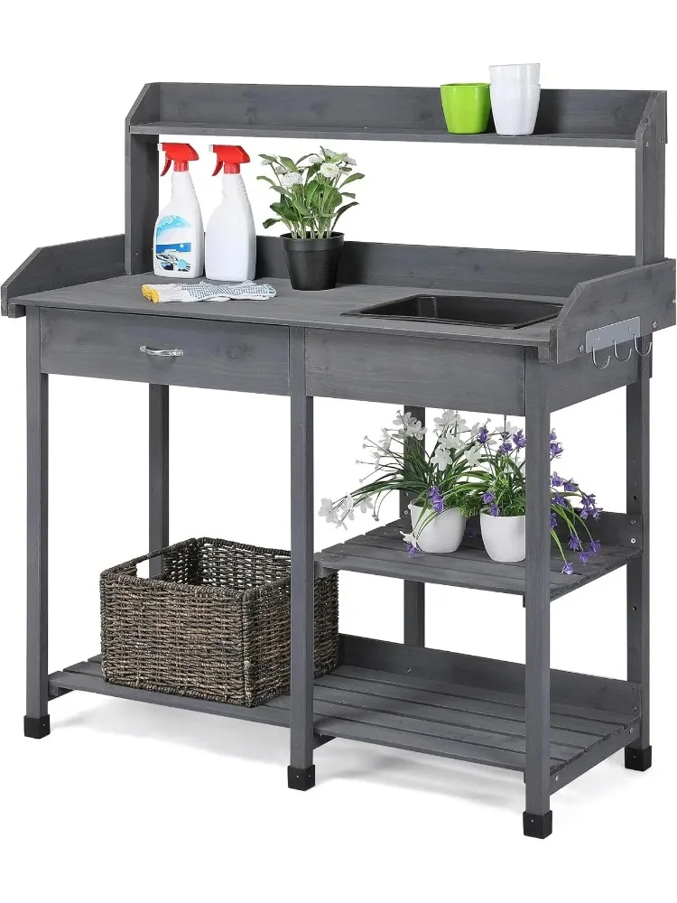 

Outdoor Potting Bench Table Potters Benches Garden Workstation for Horticulture with Drawer/Adjustable Shelf Rack/Removable Sin