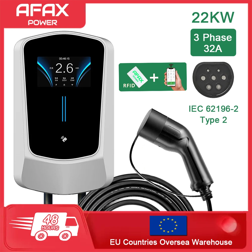 AFAX EV Charger Type 2 32A 1 Phase EVSE Wallbox Electric Car Charging Station with 6.1M Cable 7KW IEC 62196-2 for Tesla