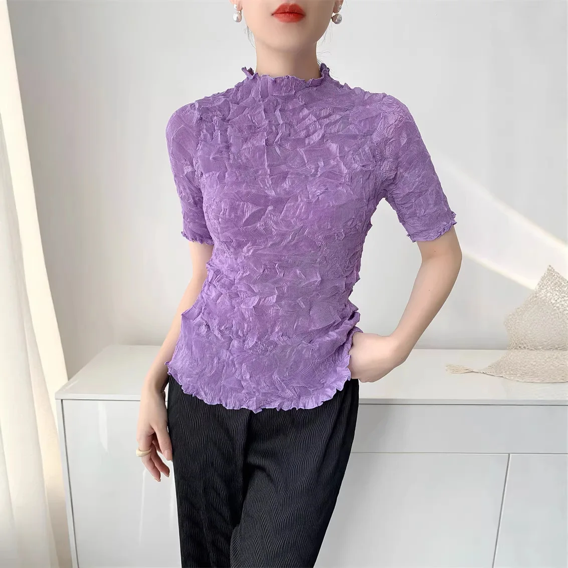 Miyake Women's Lightweight High Elastic Women's Long Sleeve T-shirt Stand Collar Slim Casual Semitransparent Pullover Top 5307