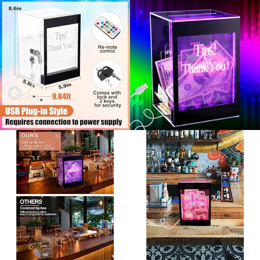 

Light Up Tip Jar with Removable Writeable Blank Sign - 20 Colors Changes Acrylic Donation Ballot Raffle Money Box with Lock, Ke