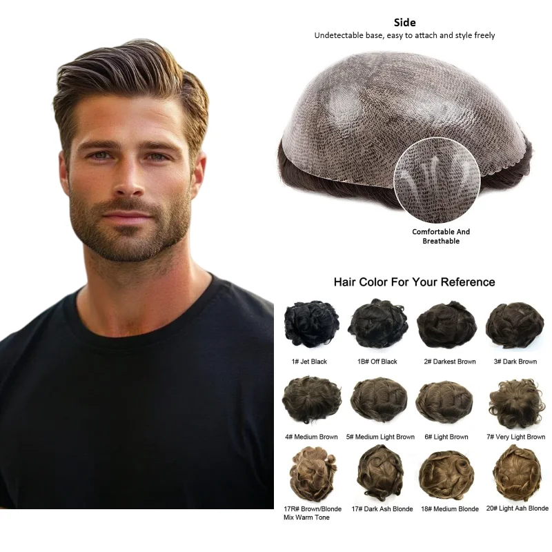 

Мужской парик из человеческих волос, полная основа из искусственной кожи, 8x10 дюймов | Ультратонкая необнаружимая система замены шиньонов 0,08 мм