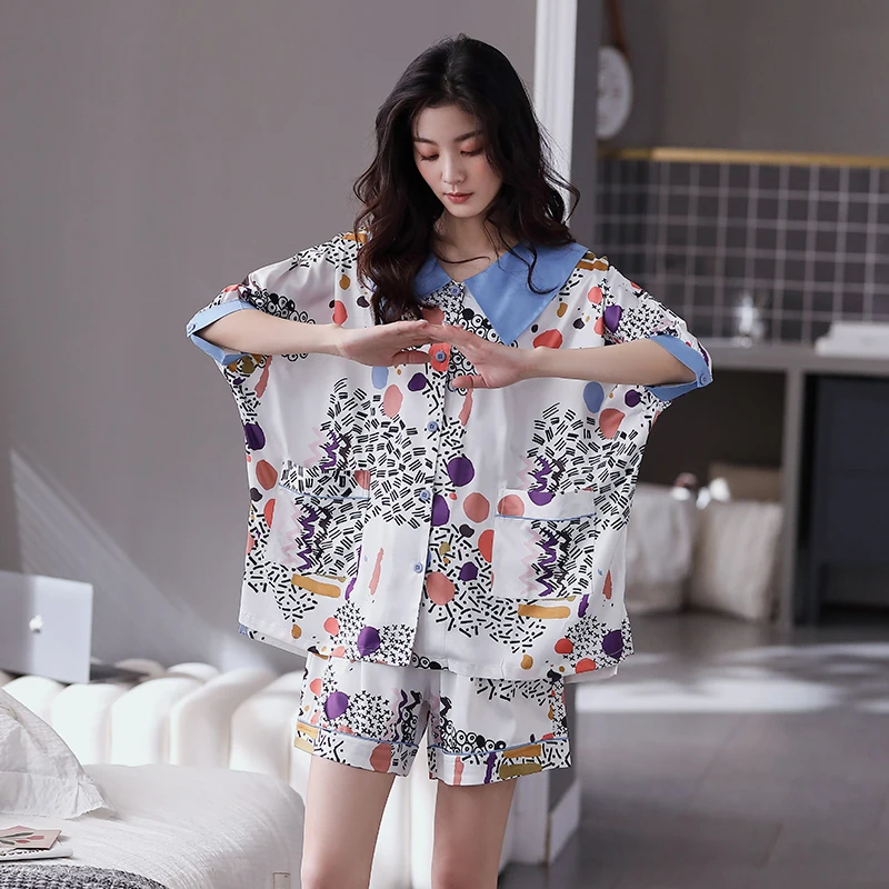 Silk Short-sleeved Shorts Girls Pajamas Summer Guochao Chinese Cardigan Ice Silk Soft Women's Loungewear Can Be Worn Outside