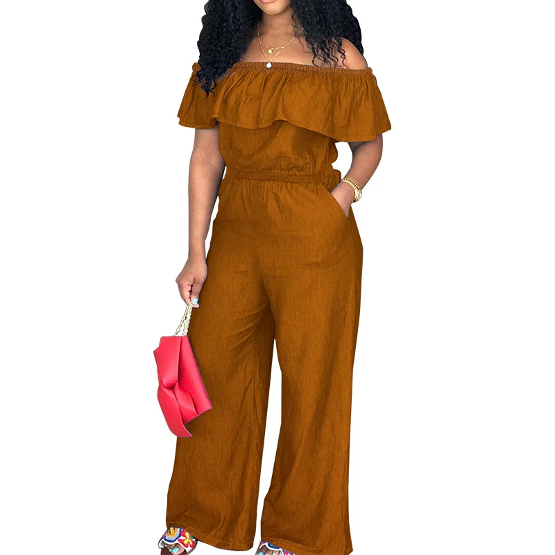 Women Jumpsuits One Piece Slash Neck Rompers Solid Full Length Wide Leg Pants Spliced High Waist Pockets Loose Fit Casual