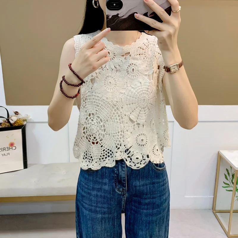 Ele évider ort Sve tricot couvrir femme une pièce été Faion haut coton coupe ample couleur gilet