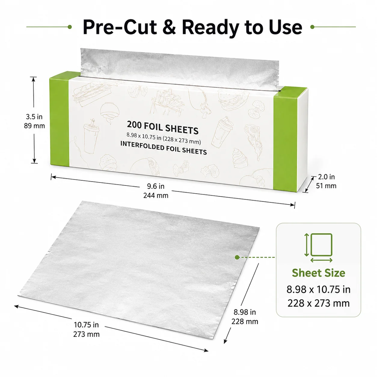 200 Count Pop-Up Aluminum Foil Sheets (8.98' X 10.75') – Pre-Cut Interfolded Tin Foil Dispenser Box, Heavy Duty Food Wrap Sheets for Baking Cookies, BBQ Grilling, Air Fryer & Food Prep