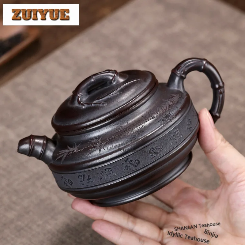 350ml Zen Yixing Purple Clay Teapots Handmade Double Line Bamboo Drum Pot Raw Ore Antique Brass Mud Kettle Zisha Tea Set Craft