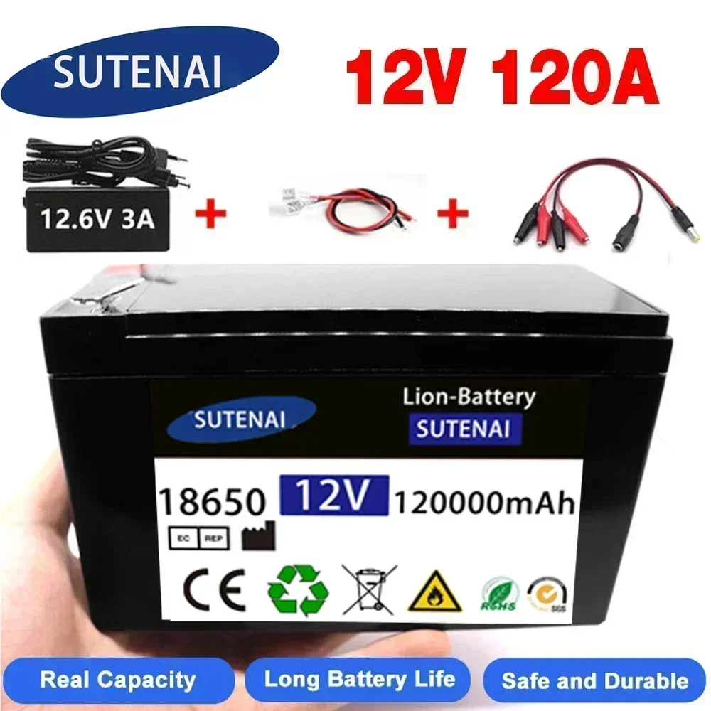 12V 120Ah 120000 mAh 18650 lithiumbatterij 30A spuit ingebouwde hoge stroom BMS batterij voor elektrische voertuigen + 12,6 V oplader