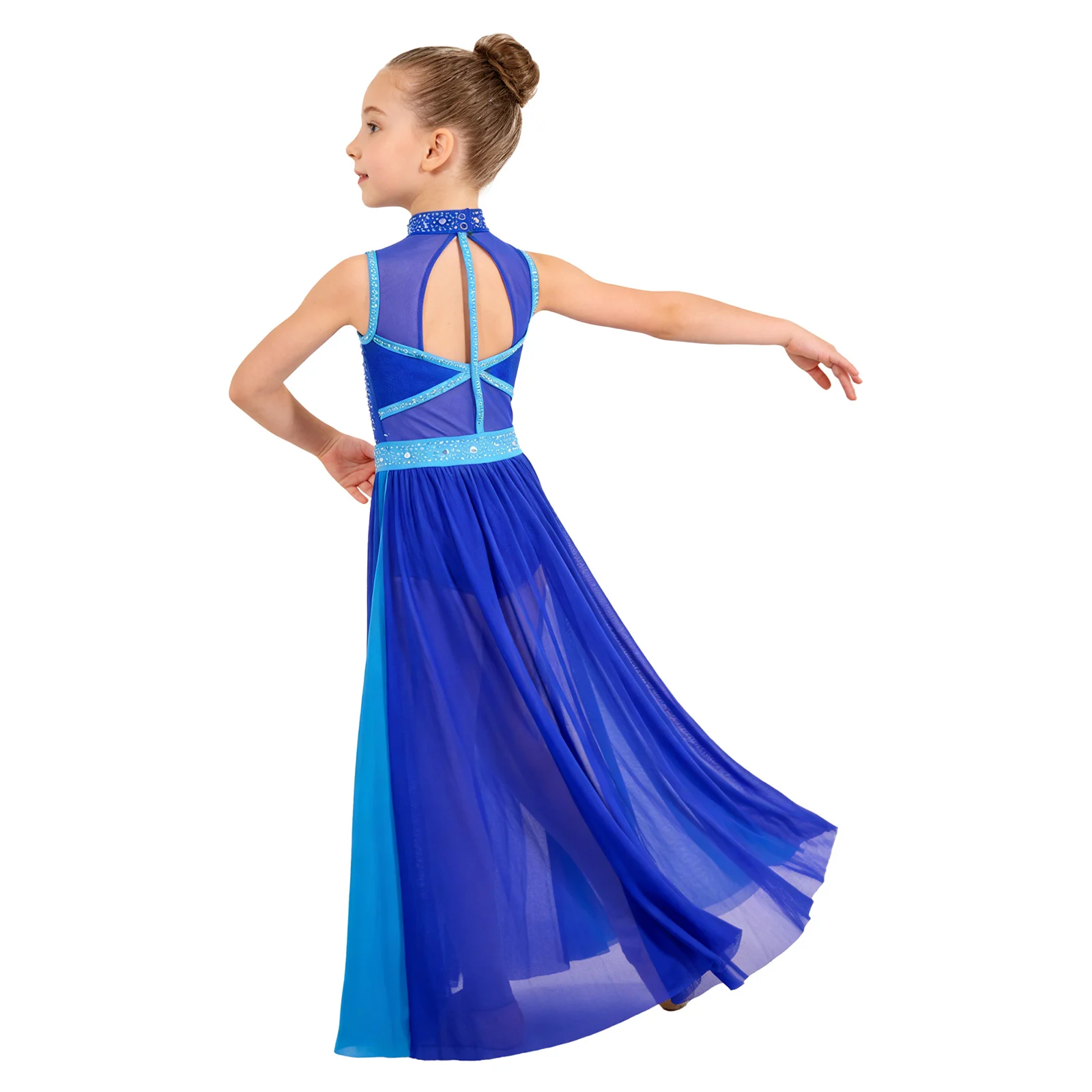 

Kids Girls Ballet Figure Skating Lyrical Dance Maxi Dress Sleeveless Rhinestones Split Mesh Leotards Dress Performance Costume