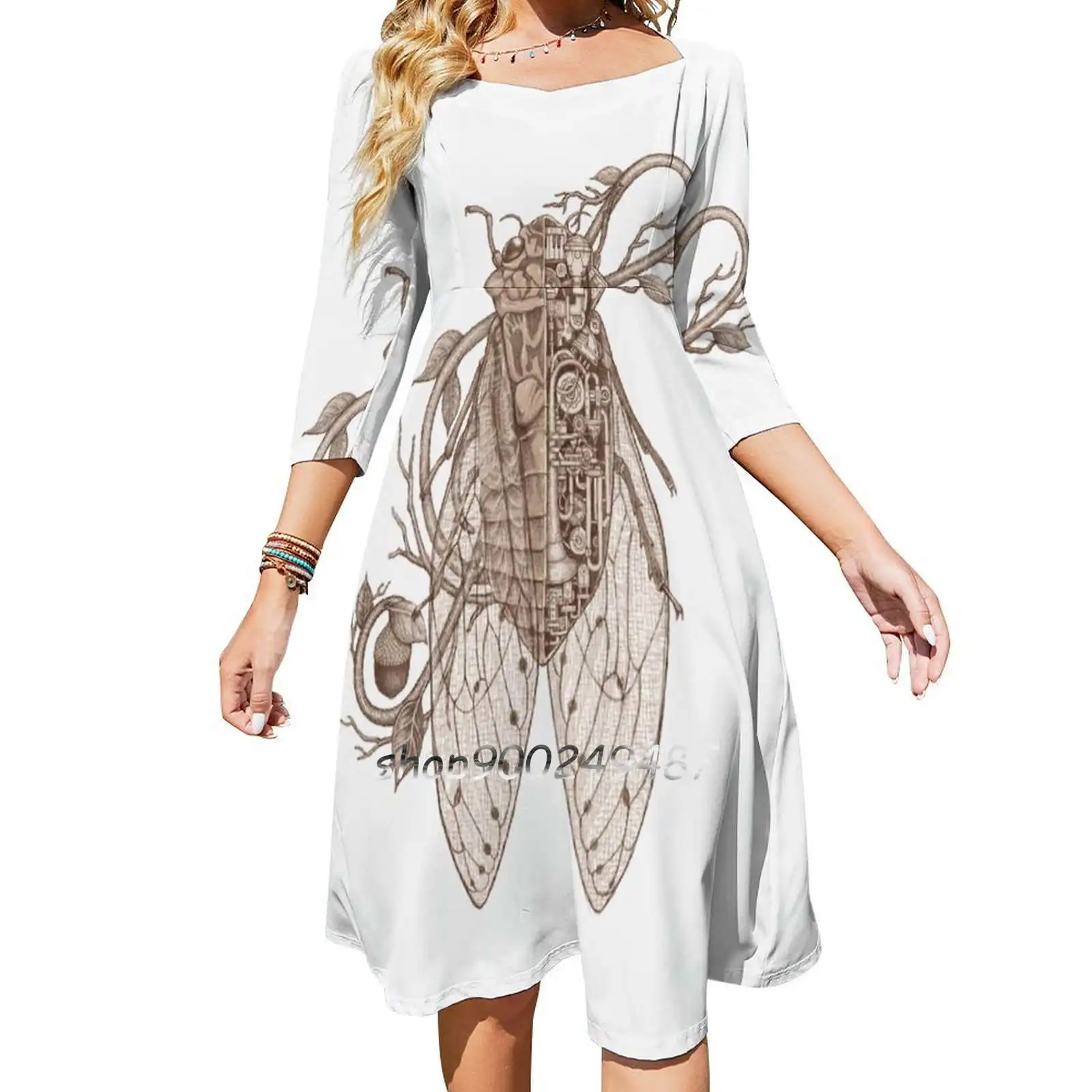 Cicada Sweetheart Knot Flared Dress Fashion Design Large Size Loose Dress Cicada Insect Bug Nature Sci Fi Plants Sweet Love