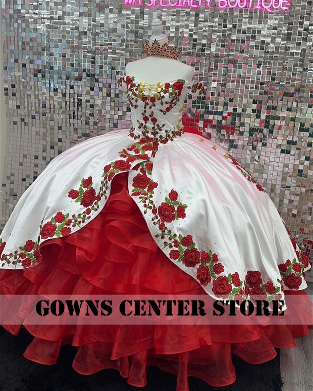 Red Roses Embroidery White Satin Quinceanera Dress 2026 Ball Gown Charro Mexican Dress Off The Shoulder vestido de 15 Customized