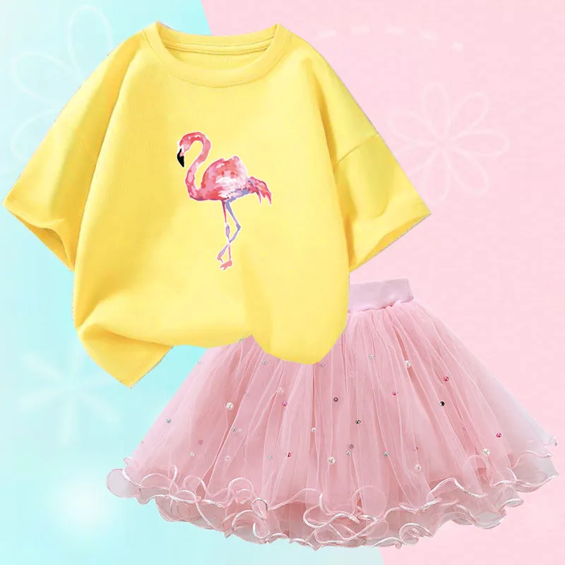 2024 Fashion Girls Summer Clothes Set Short Sleeve Flamingo T Shirt and Tutu Skirt 2 Pcs Outfits for Kids Party Clothes