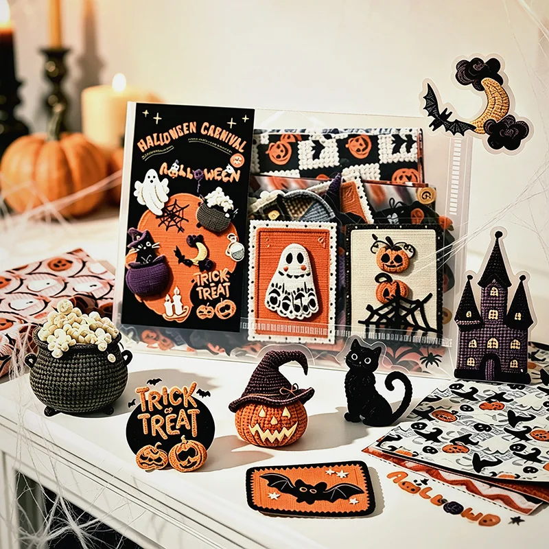 100 sheets Halloween Simulation Crochet Sticker Pack Retro Handmade Decals for Journal Scrapbooking DIY Craft Supplies