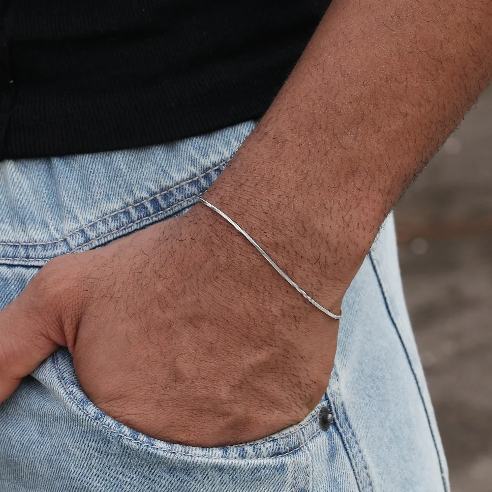 Men Silver Color Stainless Steel Snake Bone Chain Bracelet Simple Thin Chain Bracelet For Women Fashionable Men\'s Street Jewelry