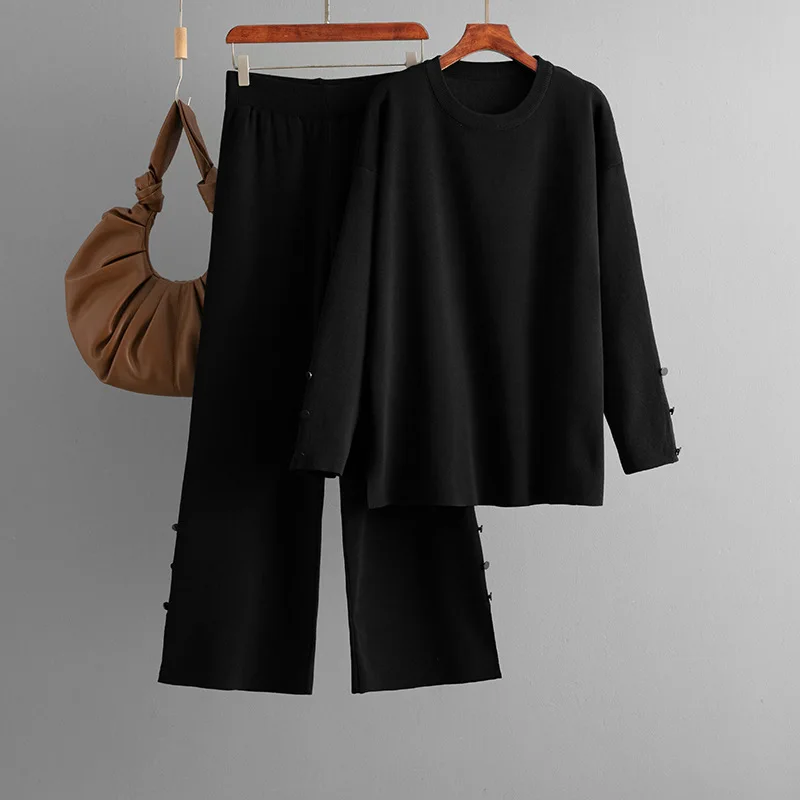 สบายๆหลวมแขนยาวถักเสื้อกันหนาวยาวPullover Elasticเอวกางเกง 2 ชิ้นแฟชั่นชุดฤดูหนาวผู้หญิงชุดB802