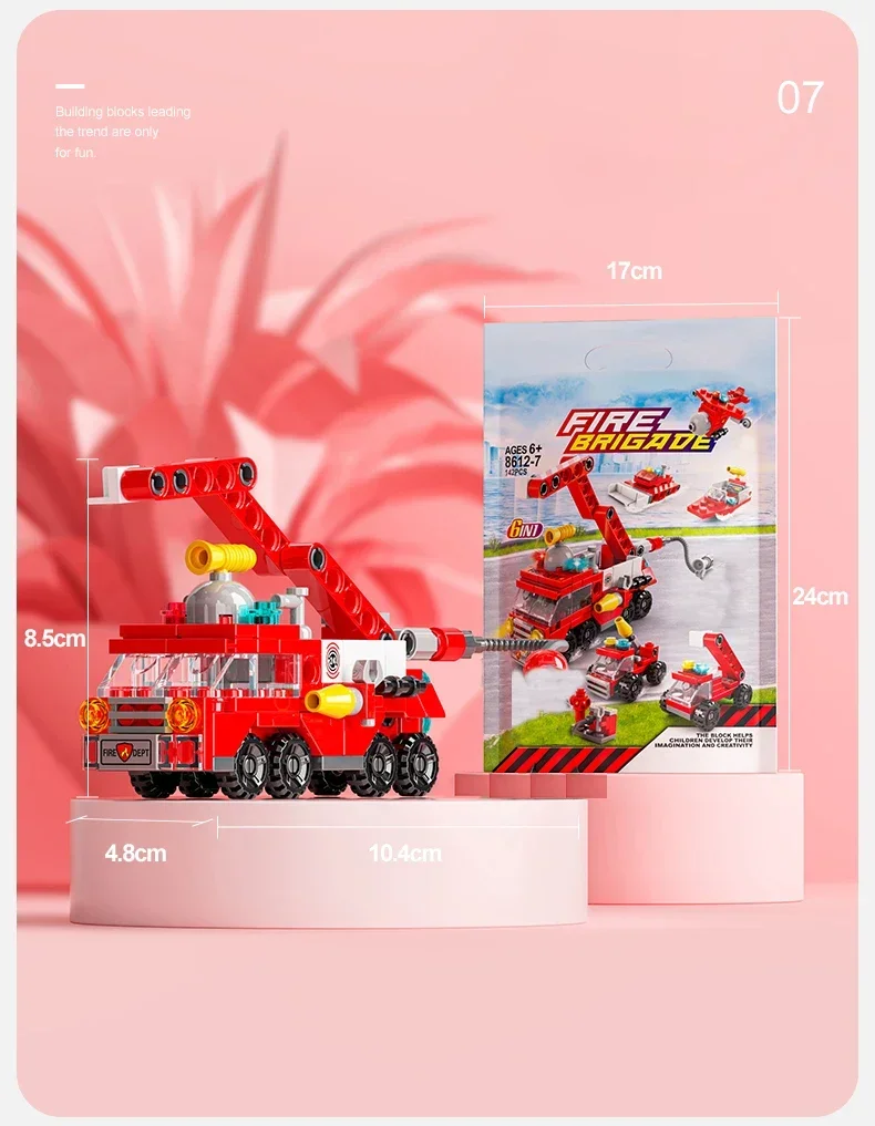 Mini-Bausteine, 6-in-1, DIY-Polizeiauto, Feuerwehrauto, Schloss, Modellsteine, Kinder, Lernspielzeug, Geschenke – Detail 6