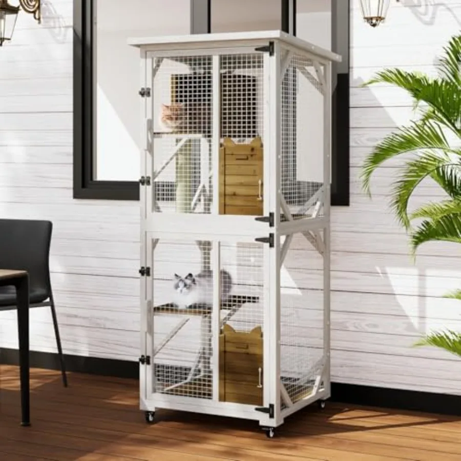 71 Coffret d'extérieur pour chat sur roulettes avec grand patio en bois, design Catio, comprend un tirette de toit étanche et confortable.