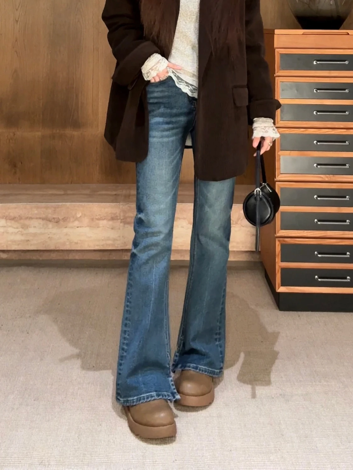

High Waist Flared Jeans Women's Bootcut Denim Pants Thiened Fce Four-way Elastic Straight Leg Slimming C8090