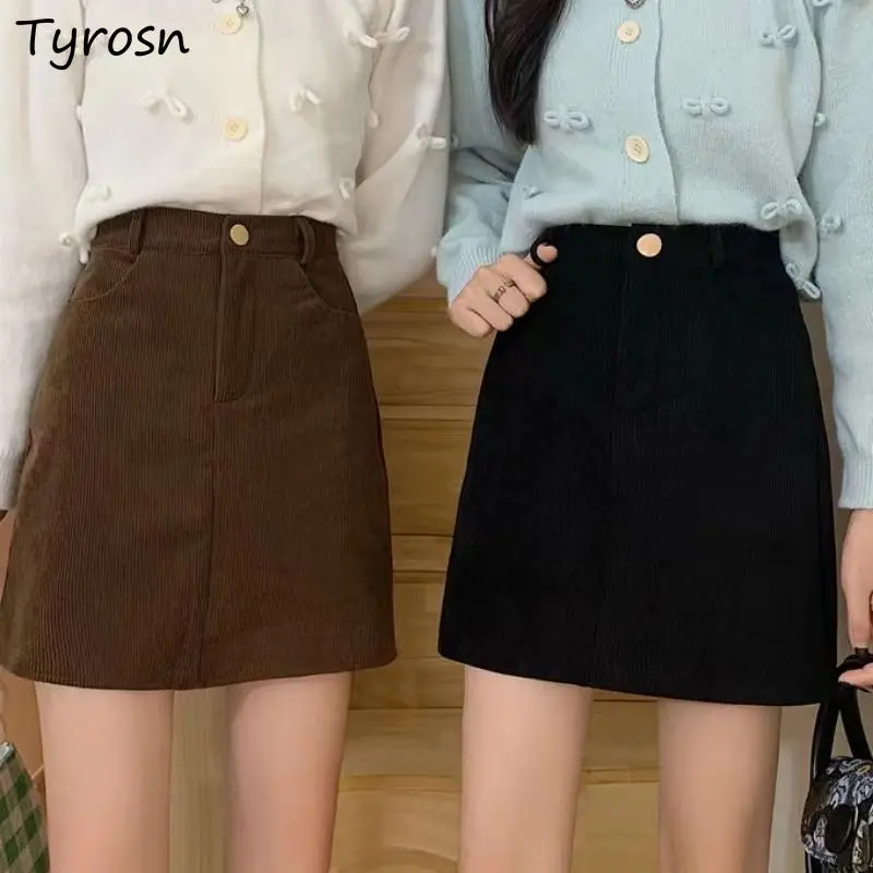 

Mini Slim Skirts Women A-line Corduroy Hotsweet American Streetwear High Waist Vintage S-4XL Temper Ladies All-match Solid Color