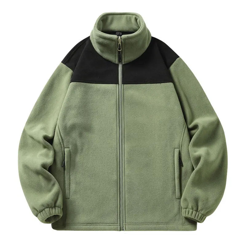 Full Zip Up Patchwork Green Fleece Jacket Thermal Warm Work Coats Mens Loose Contrast Color Jacket Hiking Outwear Windbreakers