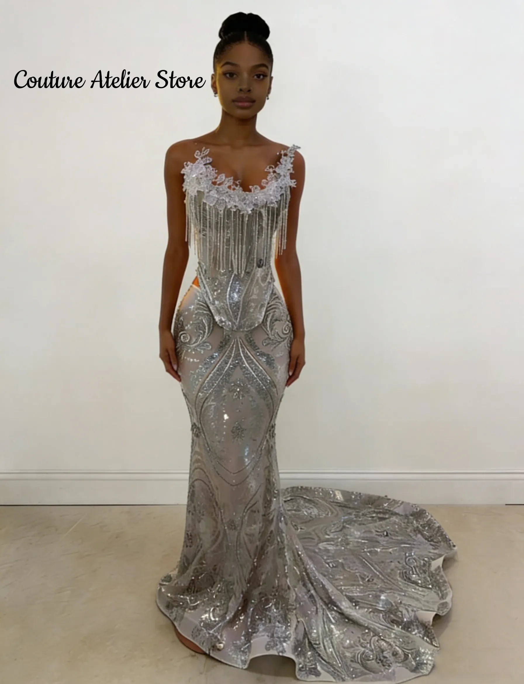 

Silver Beading Sequin Crystal Diamond Prom Dress 2026 For Black Girl Birthday Party Dress Tassel Mermiad Formal Dress Customized