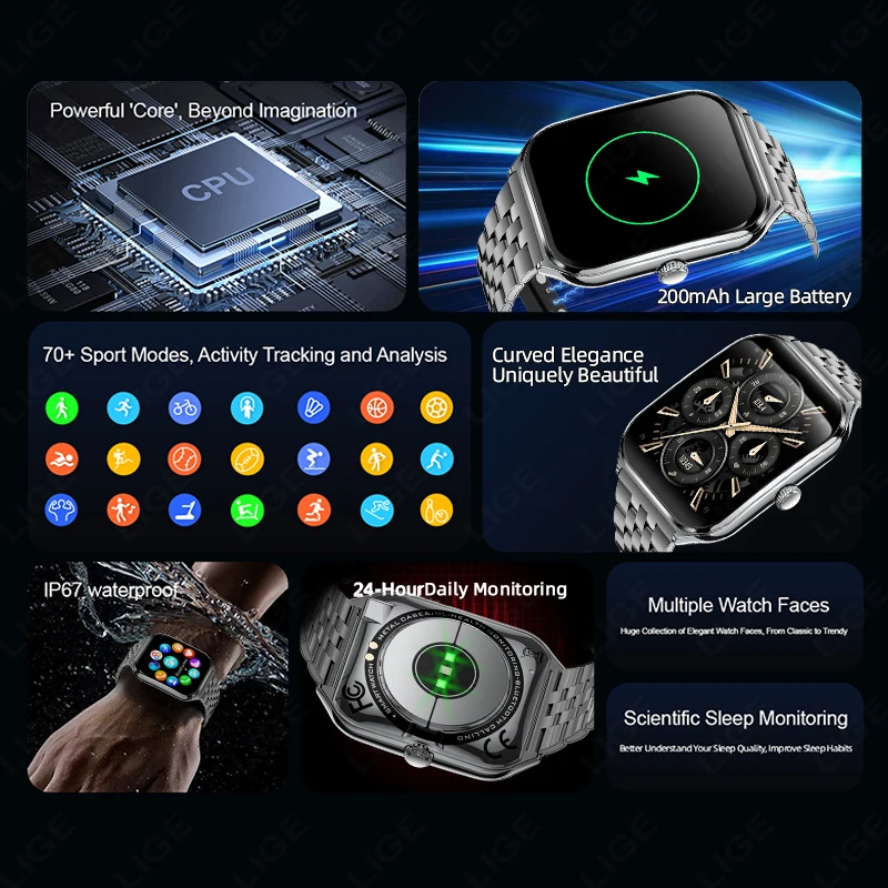 LIGE Ultra-thin Amoled Smartwatch 1.96inch Curved BT Call Long Battery Life Fitness Watches Men AMOLED Sports Health Smart Watch